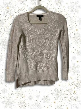 White House Black Market Silver Glitter Damask Sweater